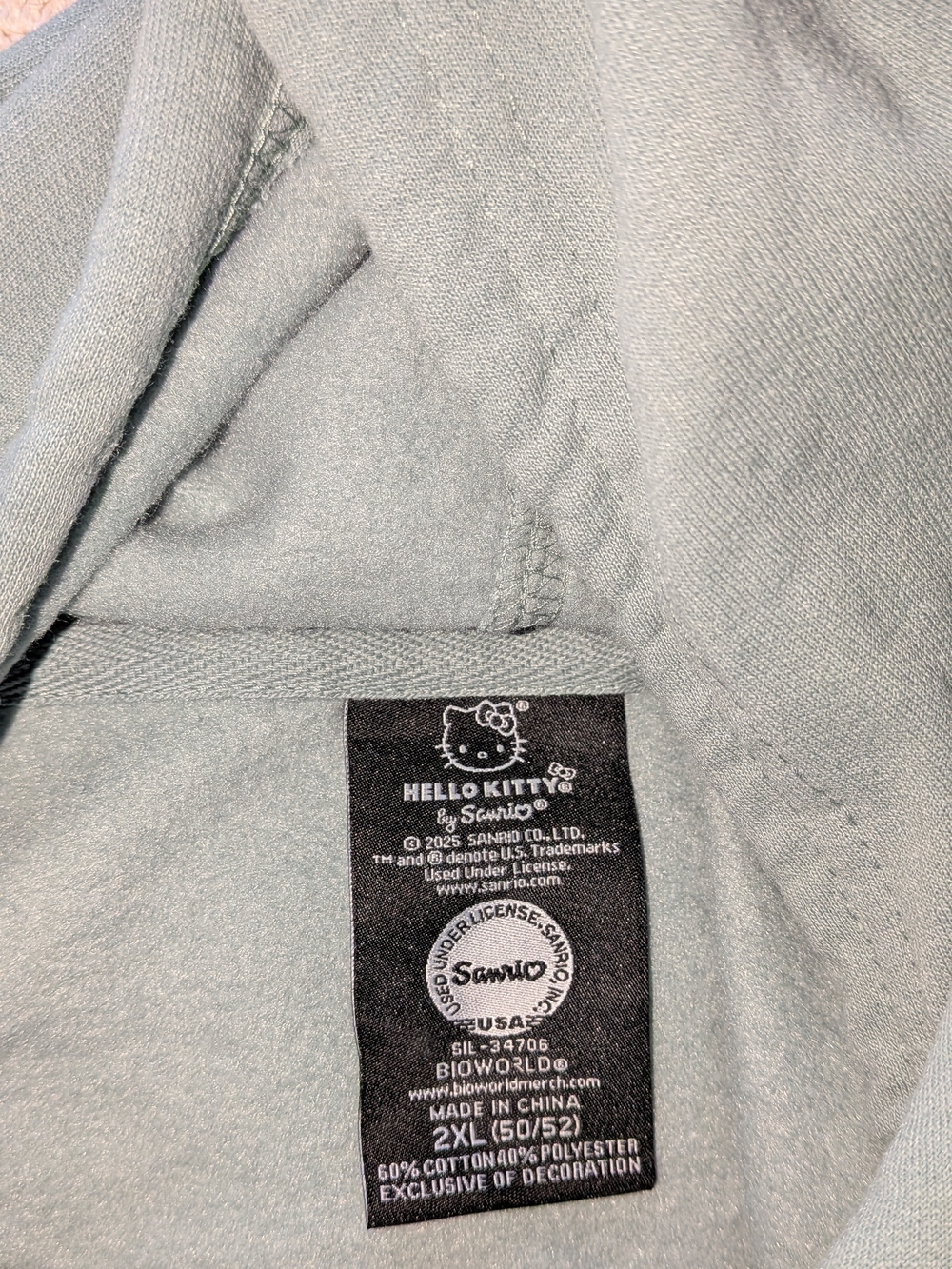 Hello Kitty Always Be Kind Hoodie 2XL Sage Green Embroidered Sanrio Sweatshirt - Picture 5 of 5